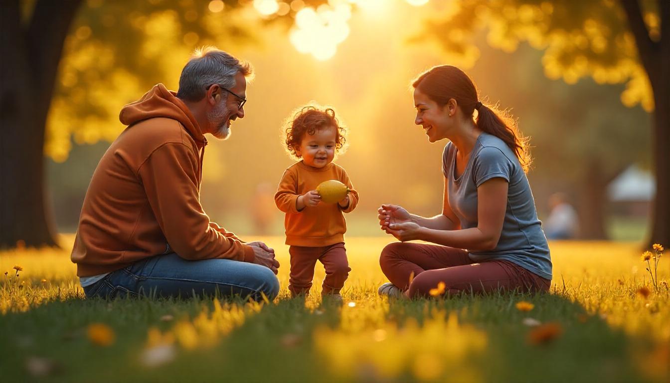 Parents talking supportively in a park while children with ADHD play happily in the background, representing connection and understanding among families.