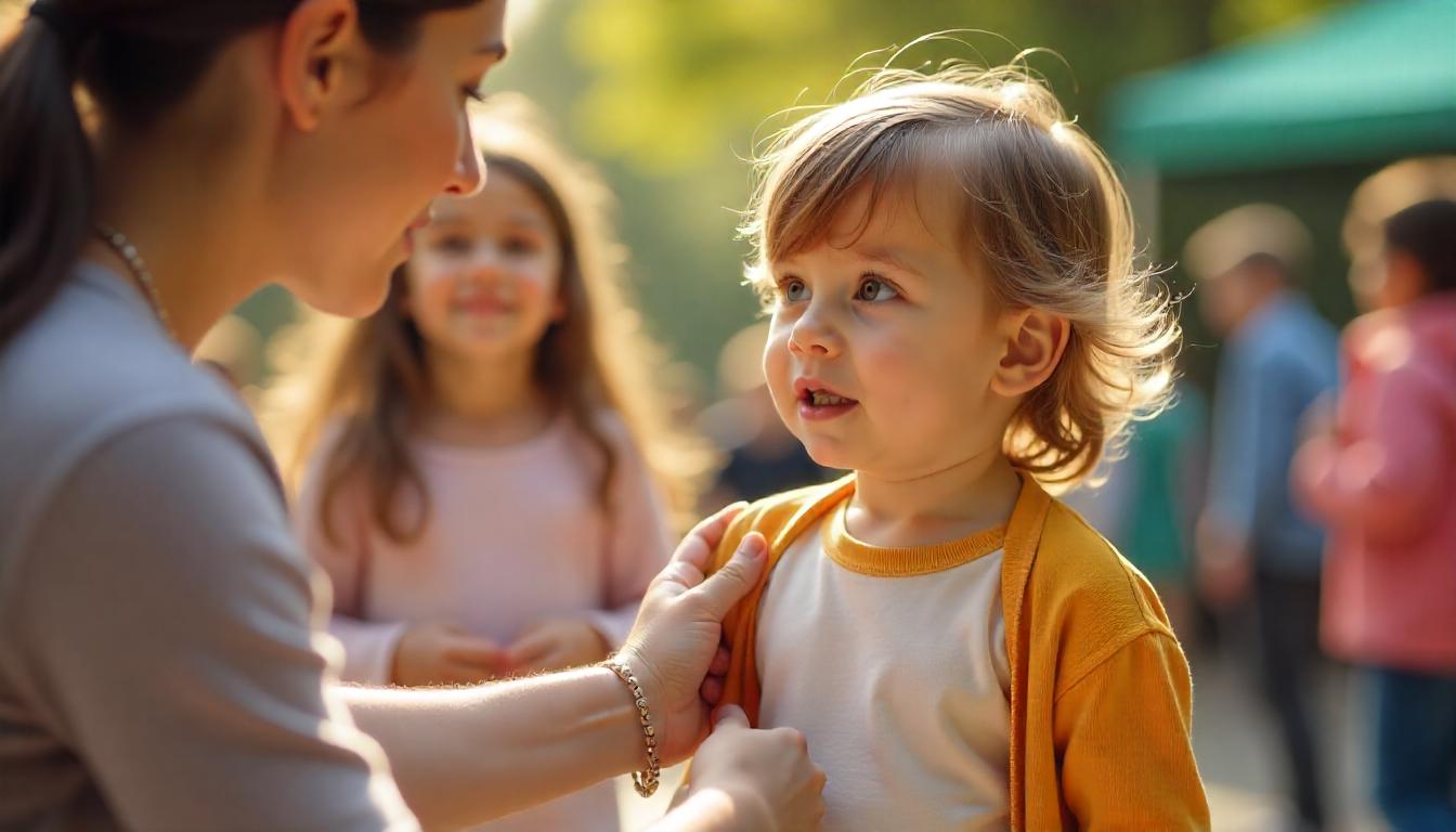 Parent gently encouraging an anxious child with ADHD to interact in a friendly social setting with other children in the background.