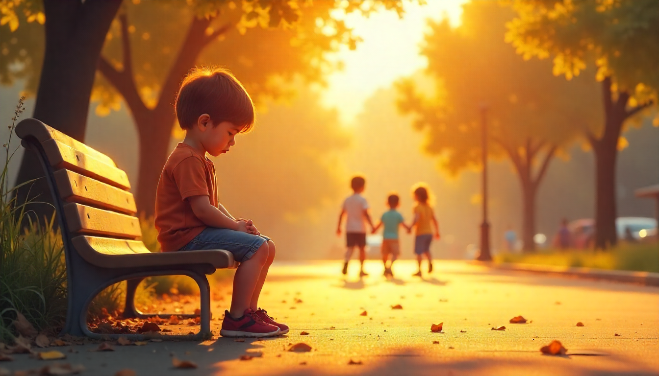 Parent comforting a sad child sitting alone on a bench, symbolizing support during peer rejection and childhood loneliness.