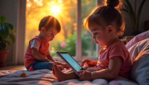 Child using a tablet indoors while other kids play outside, showing contrast between screen time and real-world social interaction