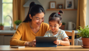 Parent teaching child digital etiquette at home using a tablet, symbolizing safe online behavior and positive digital learning.