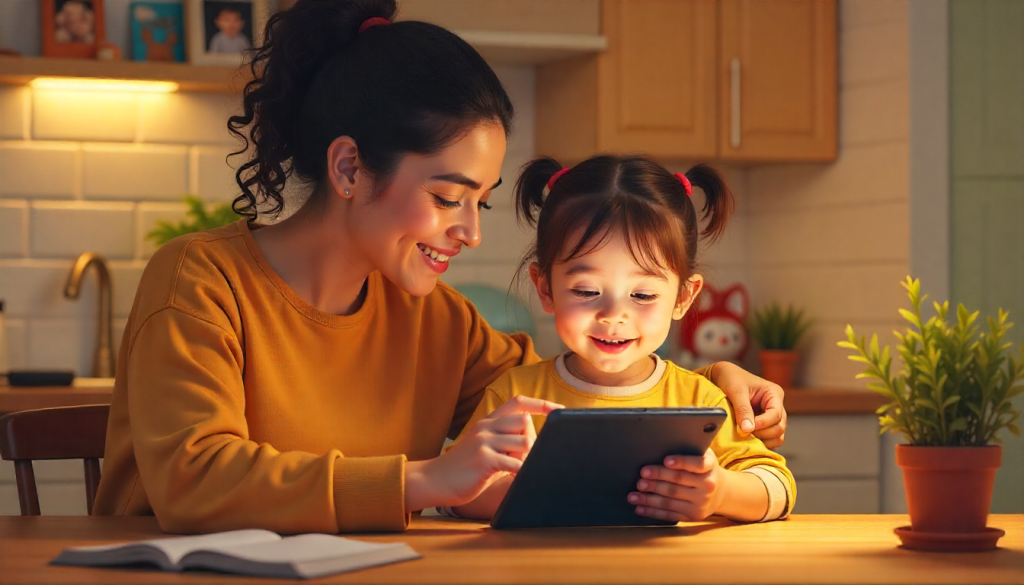 Parent teaching child digital etiquette at home using a tablet, symbolizing safe online behavior and positive digital learning.