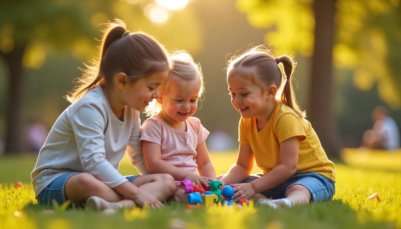 neurodiverse children with autism and ADHD playing together peacefully in a park with supportive parents nearby, showing emotional connection and impulse control