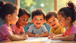 children showing empathy and happiness while playing and learning together in a safe, supportive environment that encourages emotional intelligence