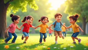 Children of diverse backgrounds and abilities playing together in a park, promoting inclusion, empathy, and respectful friendships.