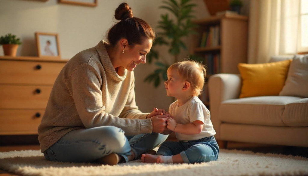 Parent talking gently with child at home, creating a safe and supportive space for setting healthy boundaries.