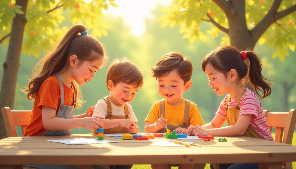 Neurodivergent children playing together in a supportive setting with parents nearby, engaging in creative activities like Legos and painting.